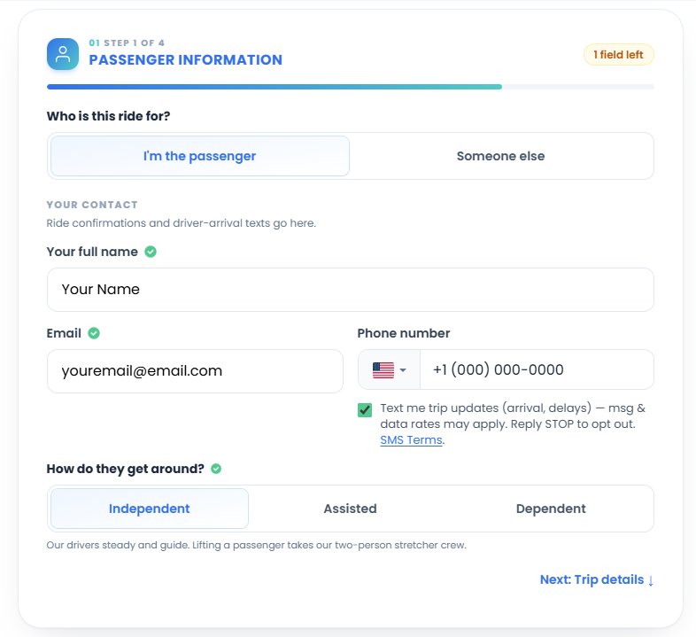 Dream Care Rides booking form, Passenger Information step, showing the SMS opt-in checkbox directly beneath the phone number field